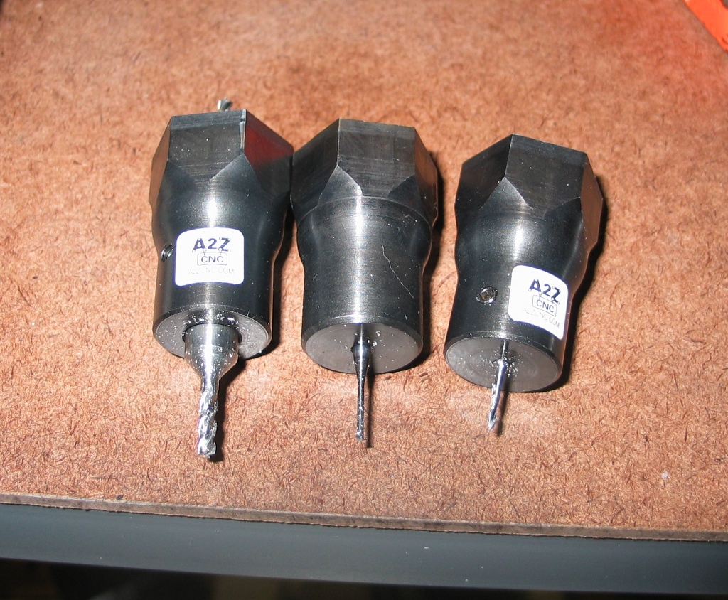 The three tools used in the program, held in A2Z endmill holders