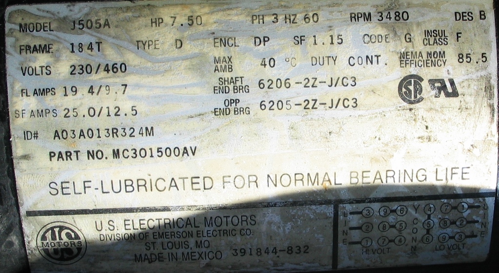 Rating plate for the 7.5HP motor